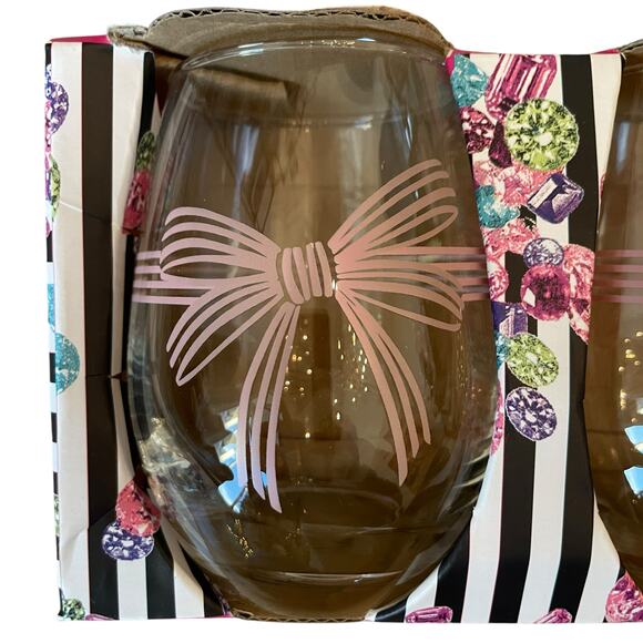 Betsey Johnson Pink Bow Stemless Wine Glasses Set of 4 Valentine's Day New - Picture 10 of 16